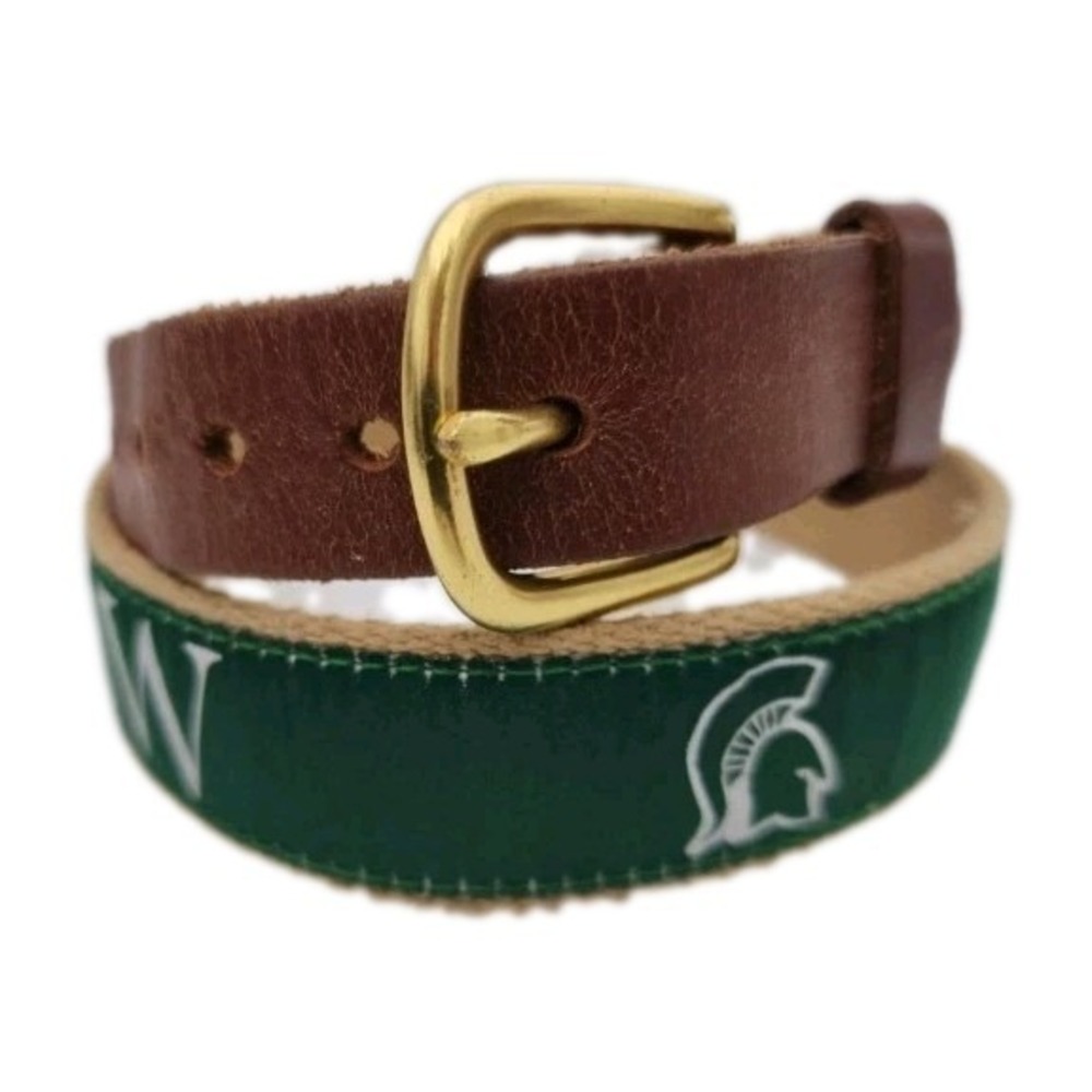 LEATHER MAN LTD Ribbon Belt Michigan Spartans Green Sz 30 Solid Brass Buckle "W"